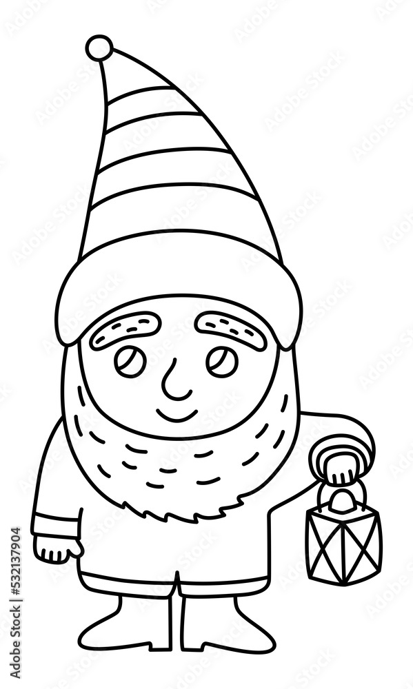 Little gnome. Hand drawn line doodle garden gnome sketch. Black and ...