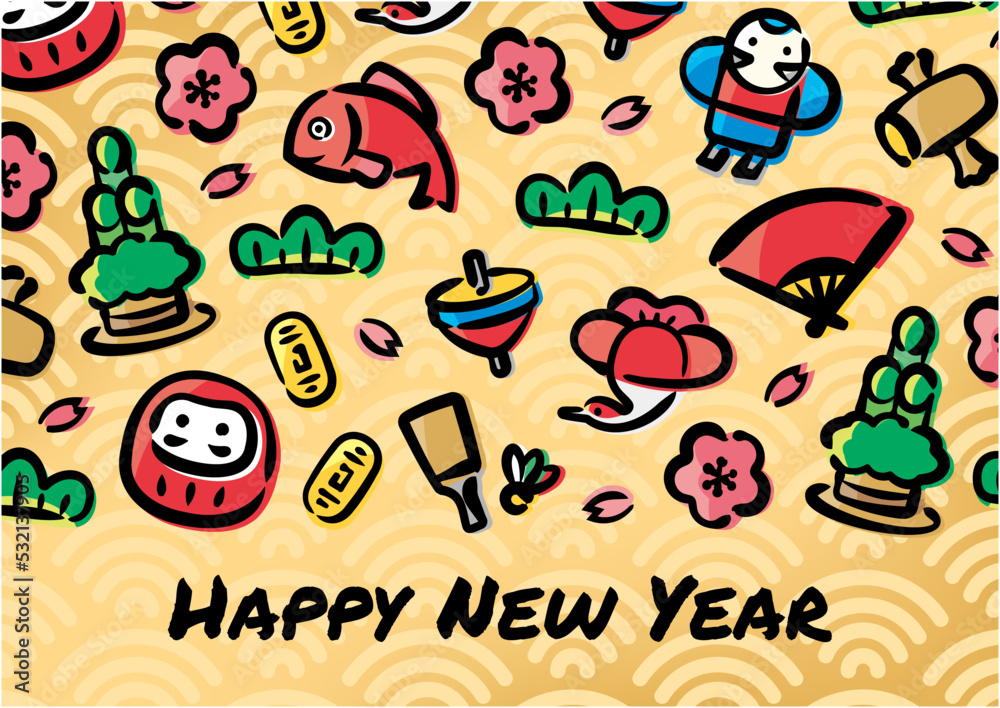 Japanese New Year Illustration for banners, backgrounds, New Year's cards, and various promotions.(A-size horizontal,English version)