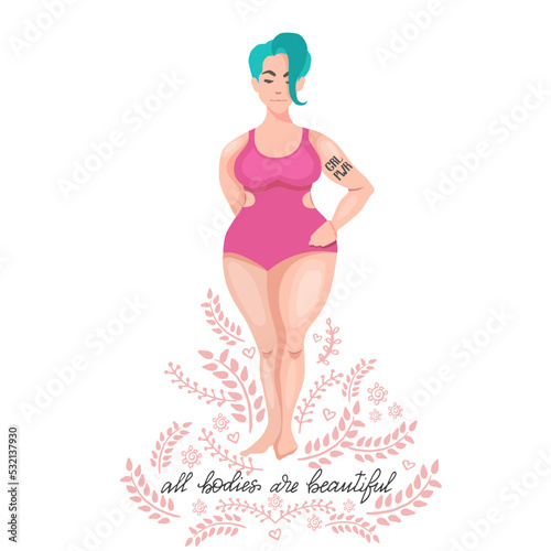 All bodies are beautiful - handwritten lettering. Body positive motivation quote. Vector Beautiful fat woman in a swimsuit with a tattoo - grl pwr and with turquoise hair.