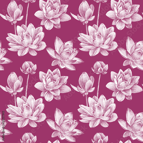 Hand drawn lotus flowers Seamless pattern. White flower on a pink background. For fabric, sketchbook, wallpaper, wrapping paper.