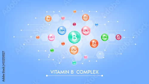 Vitamin B complex minerals. Multivitamins capsules on blue background. Dietary supplement for pharmacy advertisement, vitamins package design. Vector EPS10.