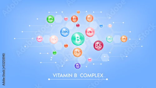 Vitamin B complex minerals. Multivitamins capsules isolated on blue background vector. Dietary supplement for pharmacy advertisement, vitamins package design. Science medic concept.