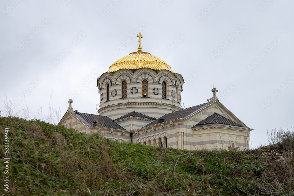 Chersonesus Cathedral (Saint Vladimir Cathedral). View of a large stone Orthodox church on the territory of the ancient city of Chersonesus. Landmark of the Crimean peninsula. Sevastopol, Crimea.