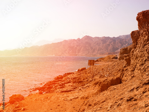 Red Sea view. Egypt coastline landscape. Sinai mountains at sunrise