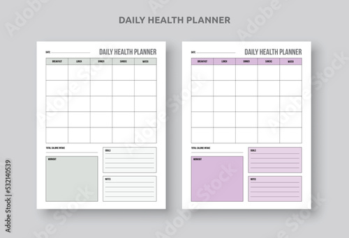 Daily Health Meal planner Schedule. Diet plan. Fitness, Notes, To-Do List.