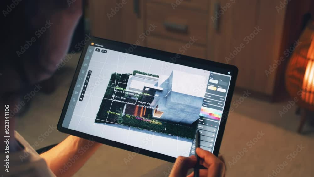 Male 3D designer having remote freelance project and working on smart house exterior in 3D modeling application using digital tablet computer and pencil