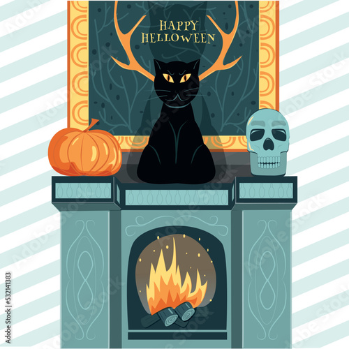 A Black Cat sat on a fireplace with aHalloween pumkin and a scull