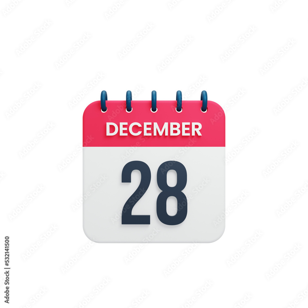 December Realistic Calendar Icon 3D Rendered Date December 28 December Realistic Calendar Icon 3D Rendered Date December 28