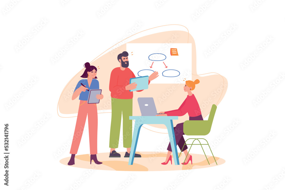 Business people concept with people scene in the flat cartoon design. Businesswoman gives business advice to two young workers. Vector illustration. Vector illustration.