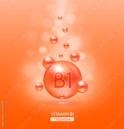 Vitamin B1 orange ball fall to ground. Serum vitamins complex with chemical formula. Beauty treatment nutrition skin care design. Medical and scientific concepts. 3D Realistic Vector EPS10.