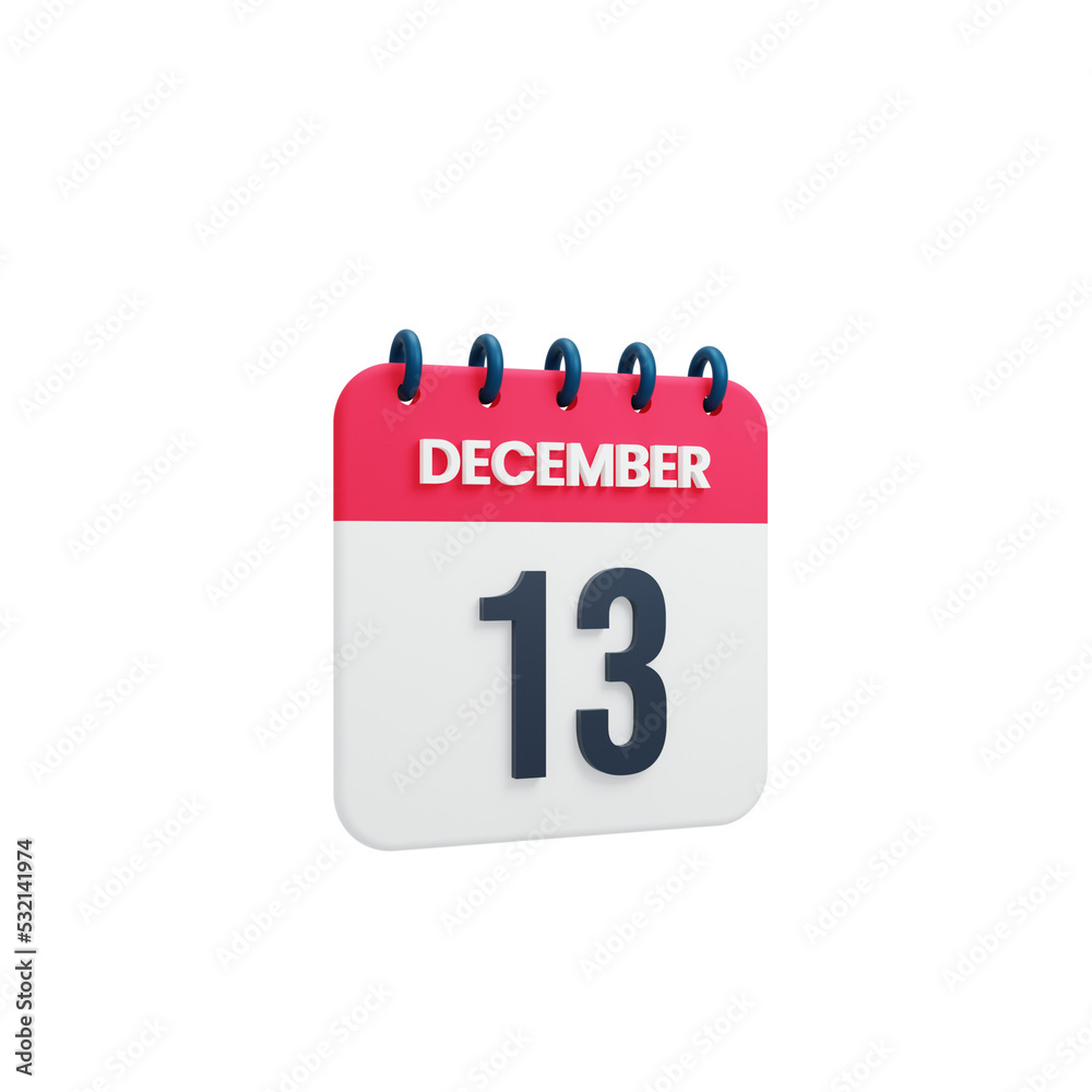 December Realistic Calendar Icon 3D Rendered Date December 13