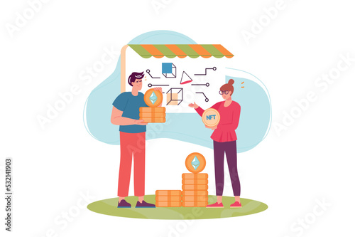 NFT concept with people scene in the flat cartoon style. Man and woman digitize pictures and make money from it. Vector illustration.