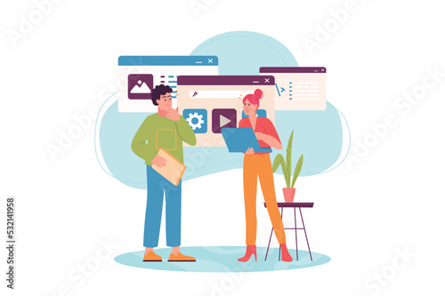 Concept UI UX programming with people scene in the flat cartoon style. Designer coordinates the website design with the client. Vector illustration.