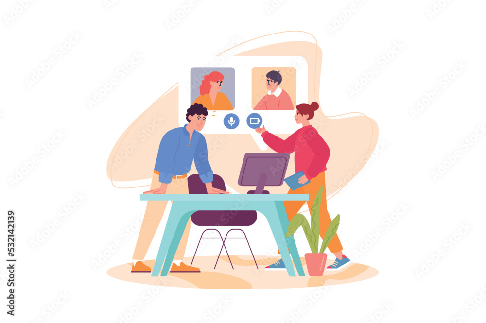 Business meeting concept with people scene in the flat cartoon design. Businessman and businesswoman met to discuss their employees. Vector illustration. Business meeting concept with people scene in the flat cartoon design. Businessman and businesswoman met to discuss their employees. Vector illustration.