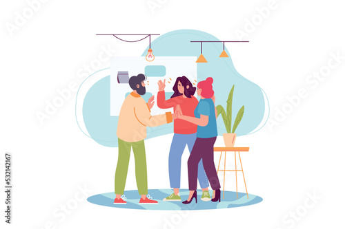 Teamwork concept with people scene in the flat cartoon design. Colleagues are happy for a successful working day together. Vector illustration.