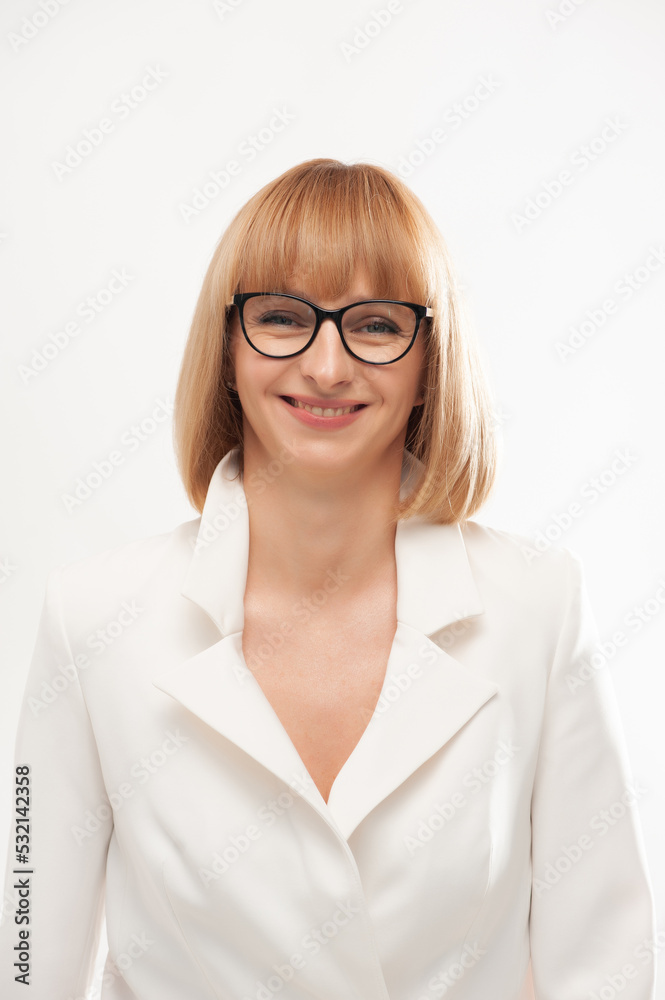 Confident businesswoman in white formal suit on background