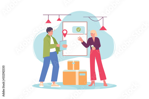 Shipping concept with people scene in the flat cartoon style. Logistician explains the new scheme of goods delivery to the employee. Vector illustration.