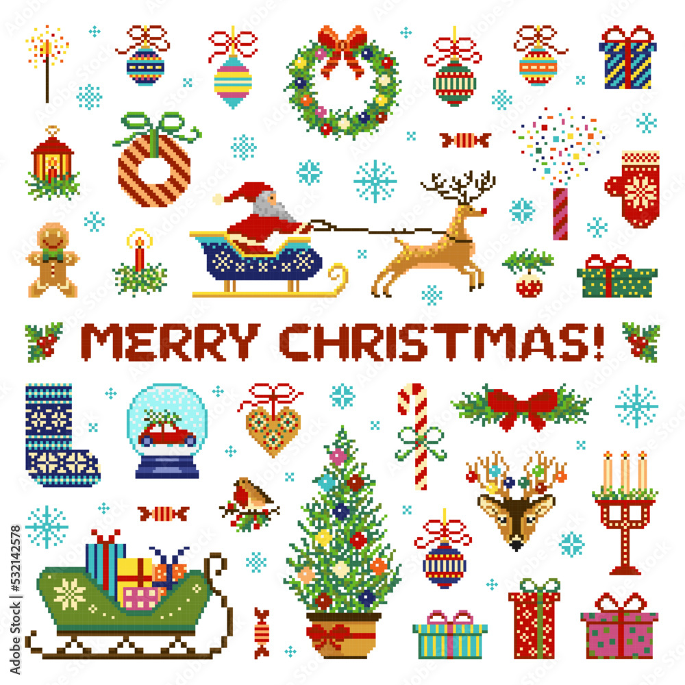 Naklejka premium Pixel Art 8 Bit Merry Christmas Icons Set