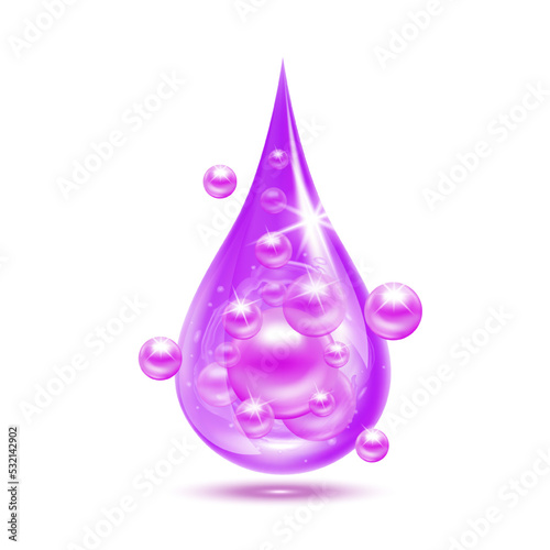 Vitamin collagen serum or essence drop isolated on white background. Solution complex purple shining with bubbles. Beauty treatment nutrition skin care design. Medical scientific concepts. 3D vector.