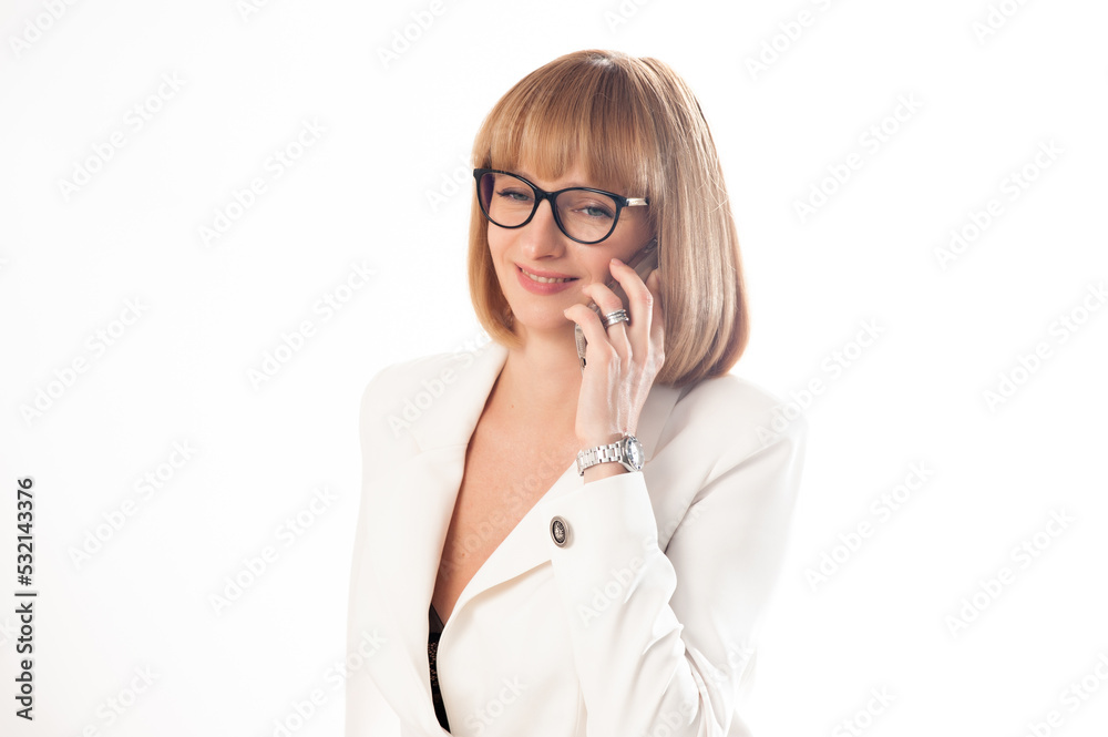Businesswoman in eyeglasses wearing white formal suit on white background