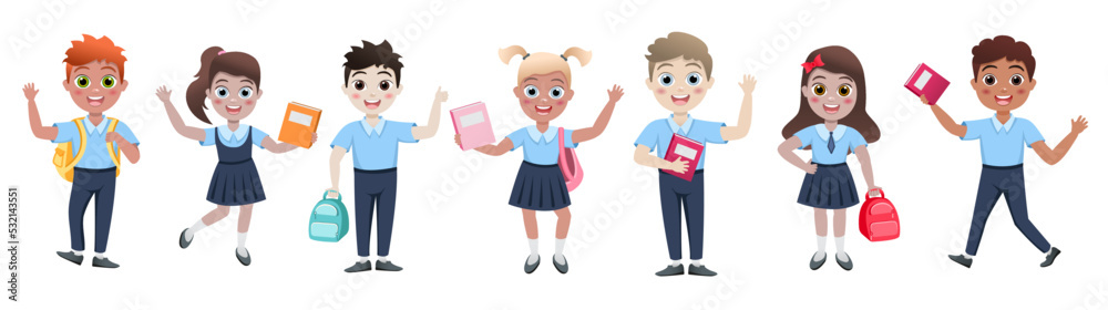 back to school and children education concept vector background. Happy schoolchildren with books and backpacks. Cute smiling kids in cartoon style. School uniform. Elementary education. School time back to school and children education concept vector background. Happy schoolchildren with books and backpacks. Cute smiling kids in cartoon style. School uniform. Elementary education. School time