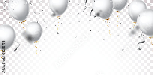 silver balloons and confetti on white background
