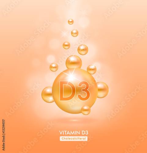 Vitamin D3 orange ball fall to ground. Serum vitamins complex with chemical formula. Beauty treatment nutrition skin care design. Medical and scientific concepts. 3D Realistic Vector EPS10.