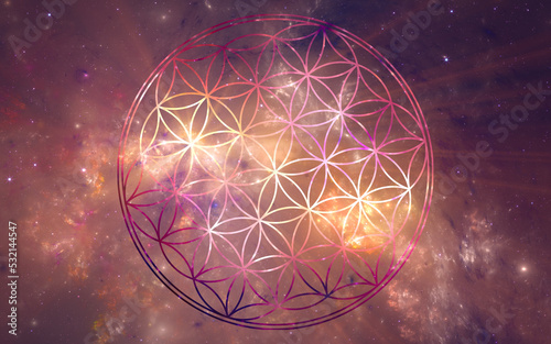 Sacred geometry Flower of Life with fractal space background. Background image also available separately - search for 529438297 in Images. Gold, pink, purple.