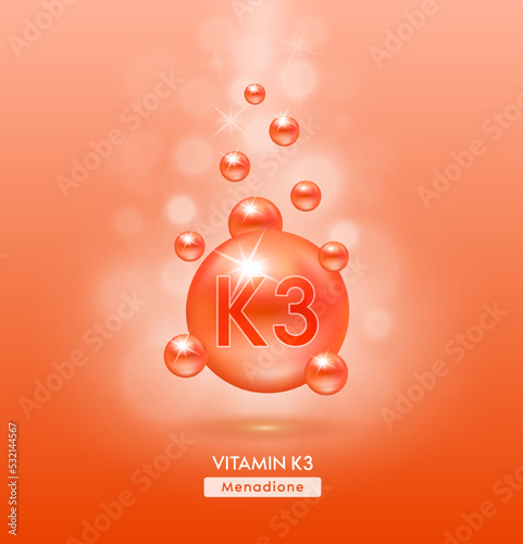 Vitamin K3 orange ball fall to ground. Serum vitamins complex with chemical formula. Beauty treatment nutrition skin care design. Medical and scientific concepts. 3D Realistic Vector EPS10. photo