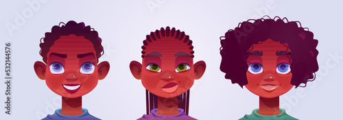 Black boy avatars, young male characters faces. African american teens with curly hair and dreadlocks, blue or green eyes. Teenagers portraits for social networks, Cartoon vector illustration