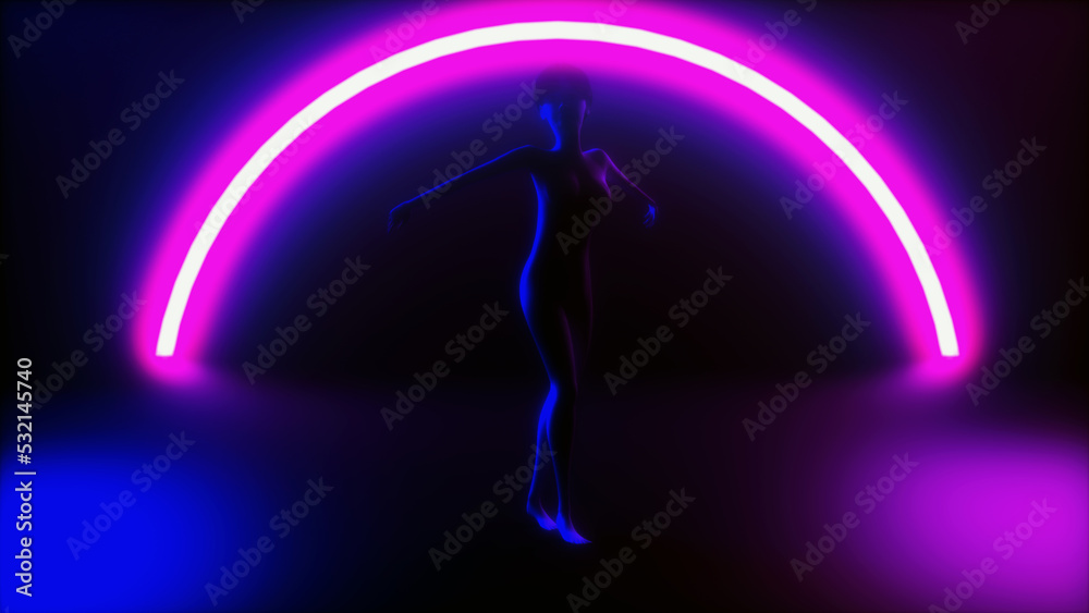 a female dancer in front of a neon glowing background (3d rendering)