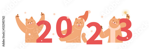 Christmas cats celebrating 2023. Cat, symbol of Chinese New Year. Vector template illustration postcard