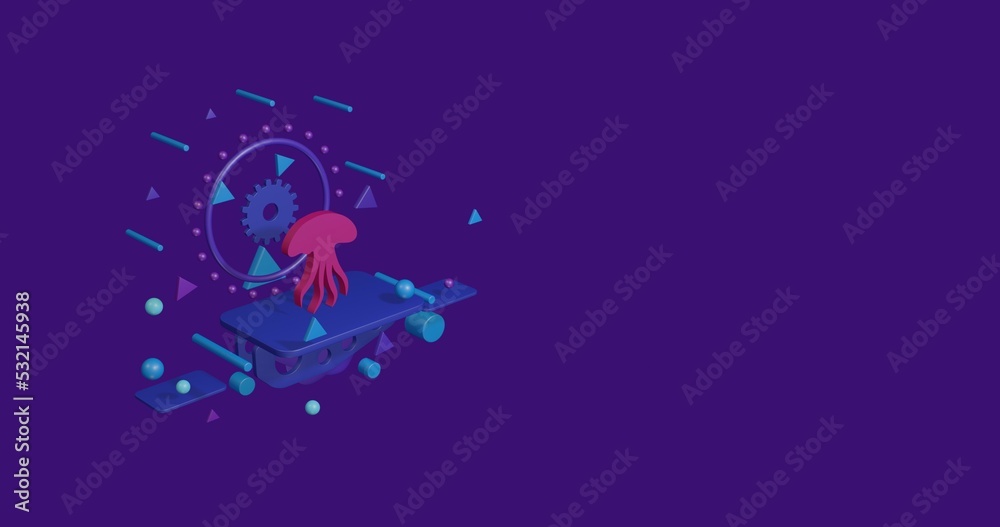 Fototapeta premium Pink jellyfish symbol on a pedestal of abstract geometric shapes floating in the air. Abstract concept art with flying shapes on the left. 3d illustration on deep purple background