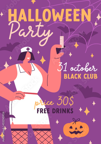 Halloween poster design. October holiday party flyer background with girl dis...