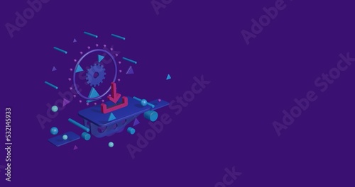 Pink download symbol on a pedestal of abstract geometric shapes floating in the air. Abstract concept art with flying shapes on the left. 3d illustration on deep purple background © Alexey