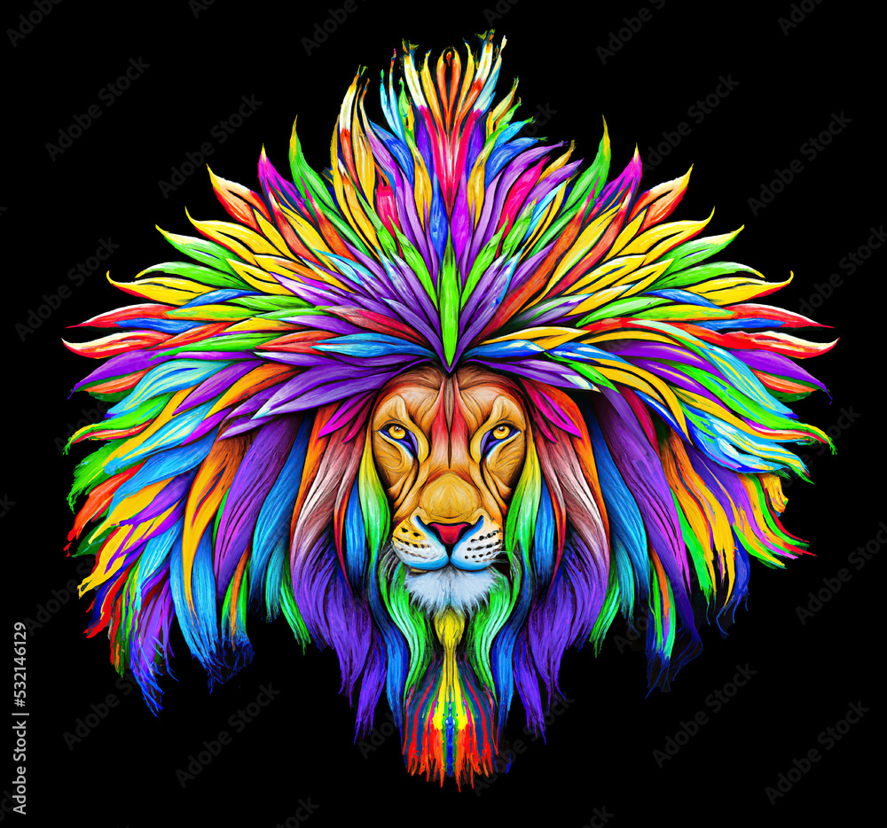 Lion face portrait, with vibrant colourful art style.