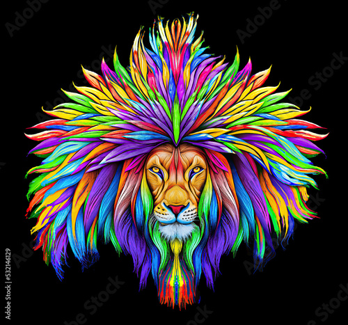 Lion face portrait  with vibrant colourful art style.