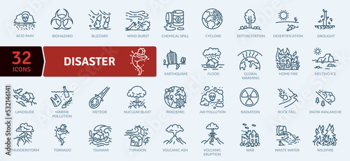 Disaster Icon Pack. Collection of thin line icons related to different disasters