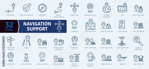 Navigation support icon pack. Collection of thin line icons that support digital navigation