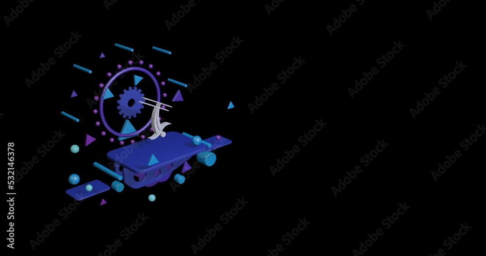 White freestyle skiing symbol on a pedestal of abstract geometric shapes floating in the air. Abstract concept art with flying shapes on the left. 3d illustration on black background