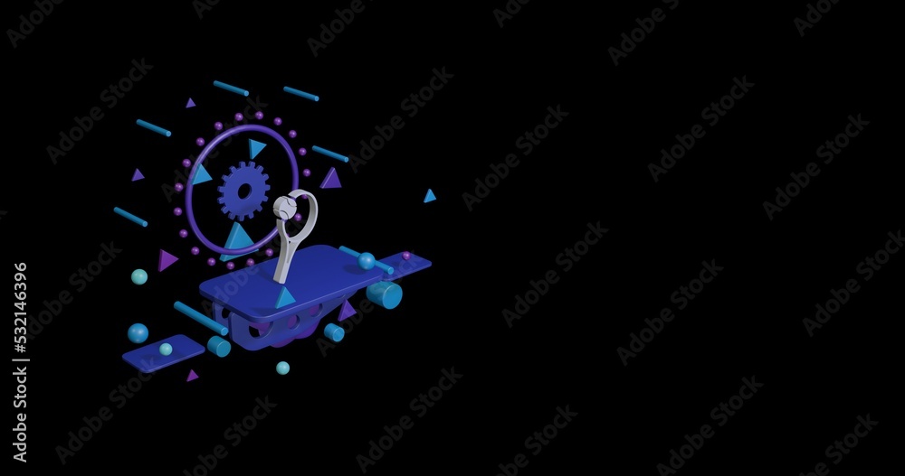 White tennis symbol on a pedestal of abstract geometric shapes floating in the air. Abstract concept art with flying shapes on the left. 3d illustration on black background White tennis symbol on a pedestal of abstract geometric shapes floating in the air. Abstract concept art with flying shapes on the left. 3d illustration on black background