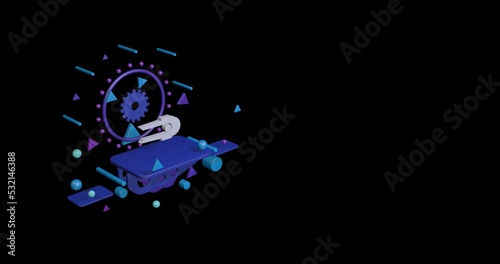 White solo bobsleigh symbol on a pedestal of abstract geometric shapes floating in the air. Abstract concept art with flying shapes on the left. 3d illustration on black background