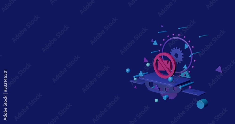 Pink no video symbol on a pedestal of abstract geometric shapes floating in the air. Abstract concept art with flying shapes on the right. 3d illustration on indigo background