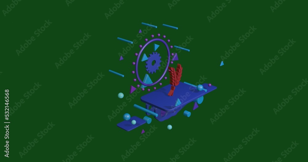 Red wheat symbol on a pedestal of abstract geometric shapes floating in the air. Abstract concept art with flying shapes in the center. 3d illustration on green background Red wheat symbol on a pedestal of abstract geometric shapes floating in the air. Abstract concept art with flying shapes in the center. 3d illustration on green background