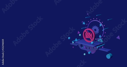 Pink no video symbol on a pedestal of abstract geometric shapes floating in the air. Abstract concept art with flying shapes on the right. 3d illustration on indigo background