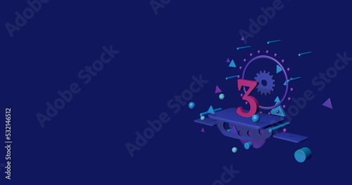 Pink number three symbol on a pedestal of abstract geometric shapes floating in the air. Abstract concept art with flying shapes on the right. 3d illustration on indigo background