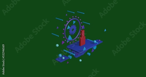 Red nail polish symbol on a pedestal of abstract geometric shapes floating in the air. Abstract concept art with flying shapes in the center. 3d illustration on green background
