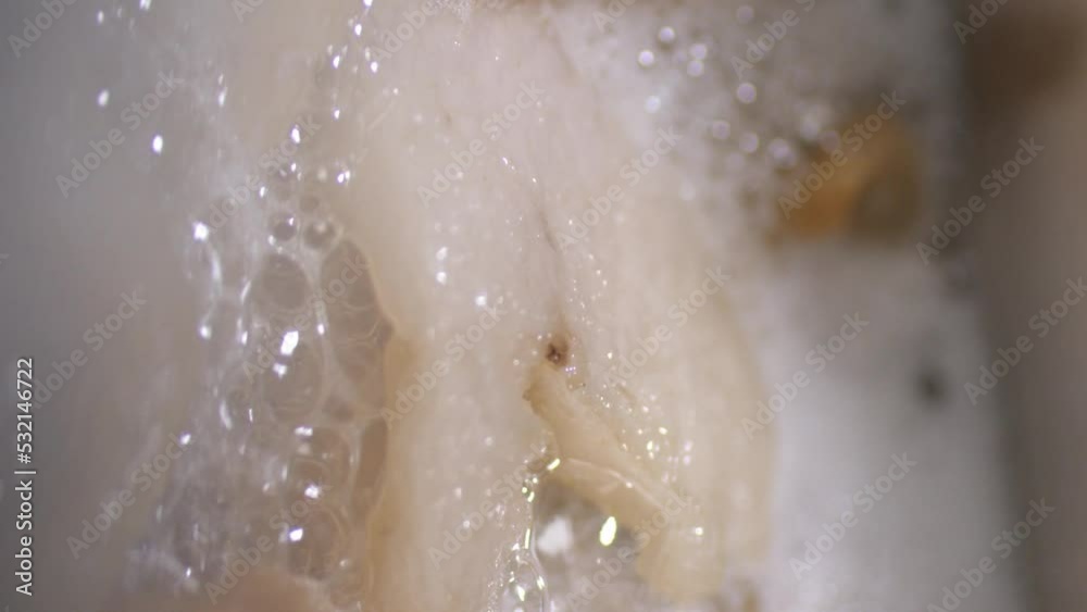 Vertical video. Lard with a golden crust melts in a stainless steel pan with lots of bubbles. close up camera moves.