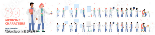 Medicine characters set. Hospital healthcare staff at work. Male and female doctors in medical robe with stethoscope holding banner, work in lab, explain, Cartoon linear flat vector illustration