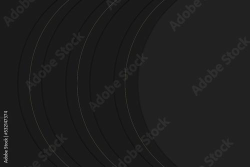 Cool abstract black background with round elements. luxury geometrical matte backdrop with golden stripes and copyspace. 3d design. Vector illustration